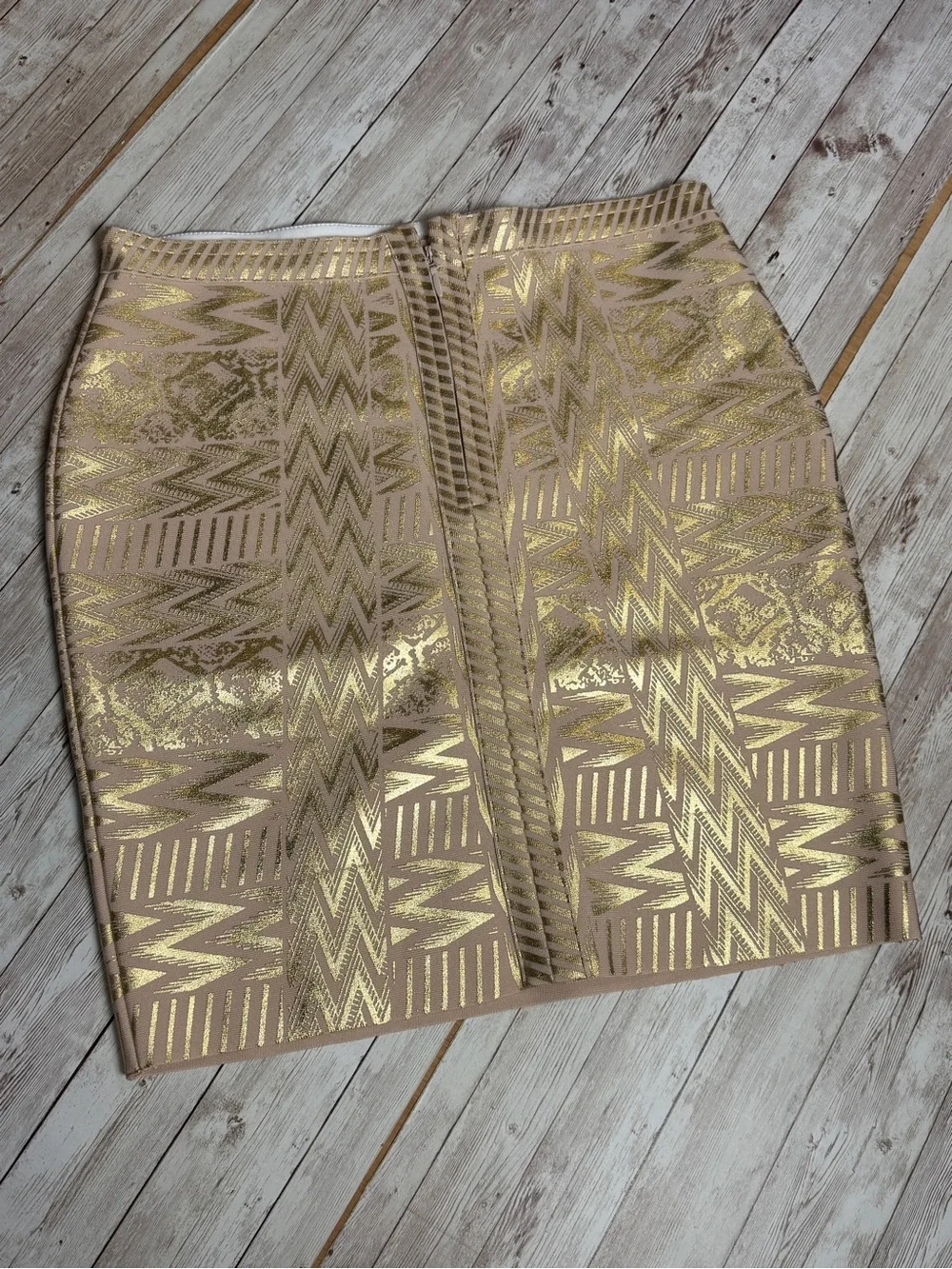 Metallic Gold Patterned Beige Pencil Skirt - Picture 5 of 5